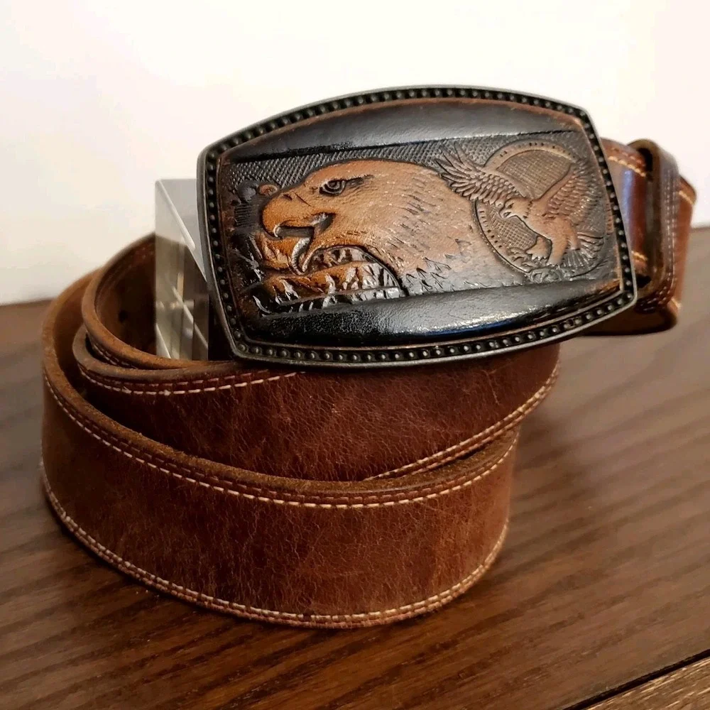 Vintage Leather Overlay Eagle Belt Buckle w/Full Grain Leather Belt 38-40